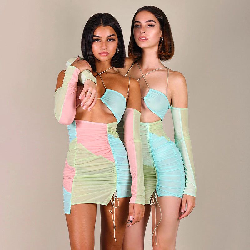 Mesh Halter Cutout Long Sleeve Ruched Bodycon Mini Dress 6