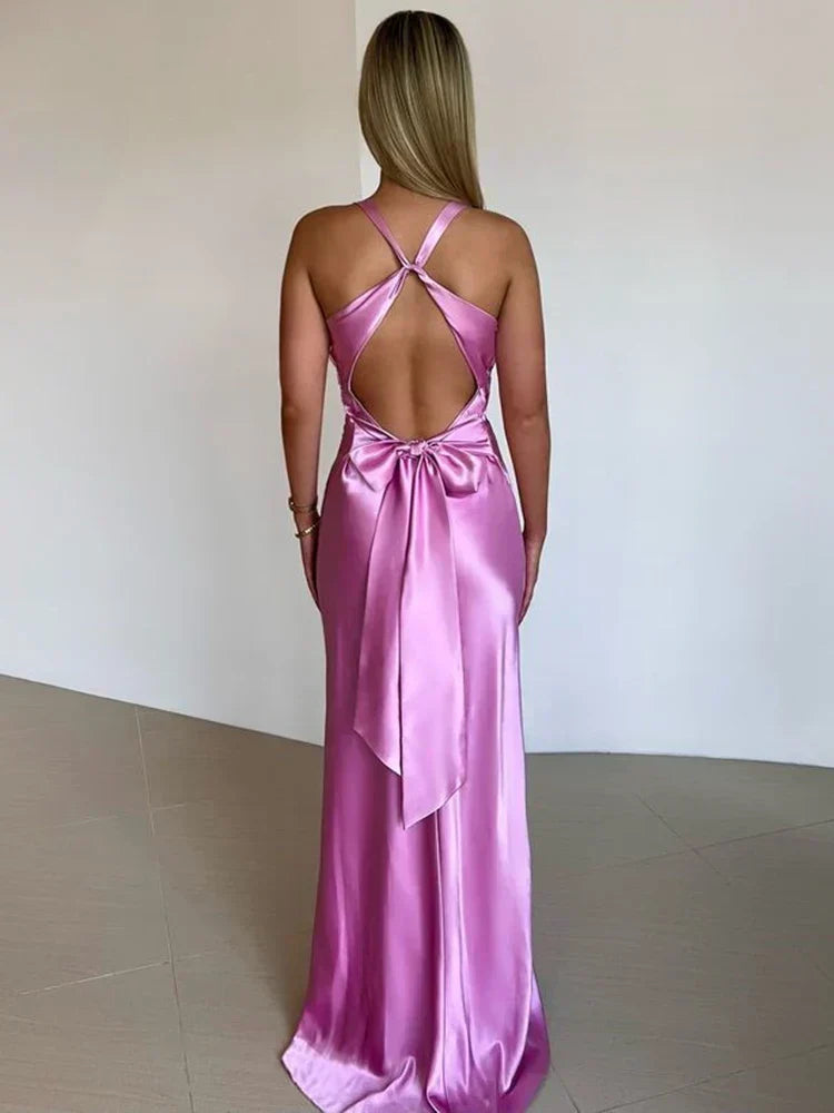 V Neck Sleeveless Satin Bow Backless Maxi Dress - View 6