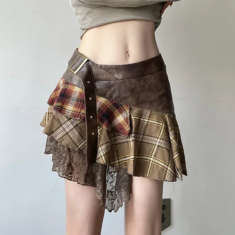 Asymmetrical Lace Stripes Plaid Skirt
