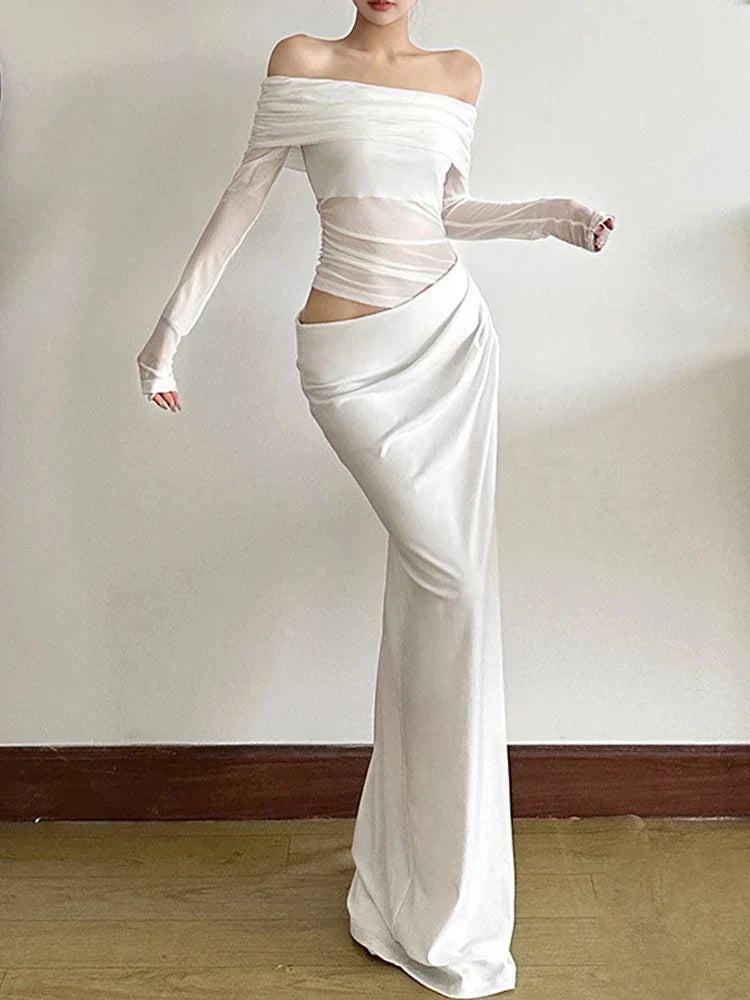 Mesh Slash Neck Patchwork Maxi Dress