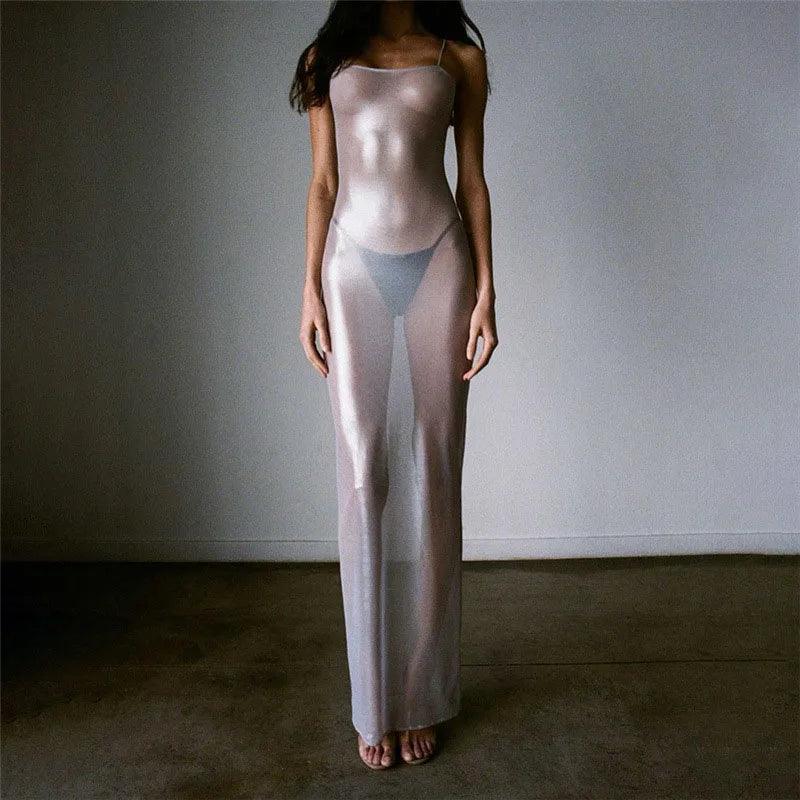 Mesh Metallic Sheer Spaghetti Strap Square Neck Bodycon Maxi Dress