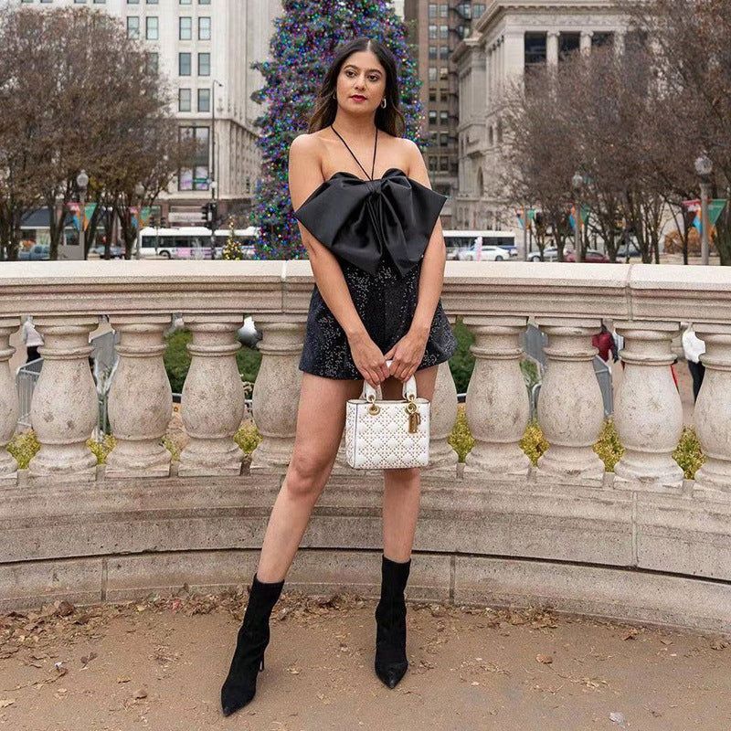 First Date Big Bow Sparkle Sequin Halter Jumpsuit
