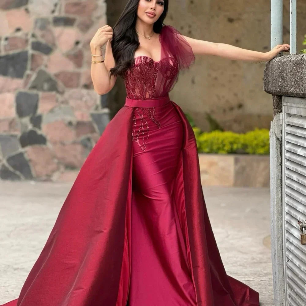 Satin Sweetheart Beaded Corset Overskirt Mermaid Prom Gown