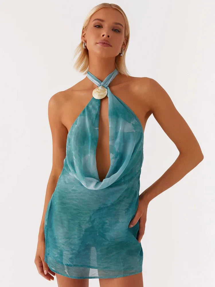 Tie Dye Halter Backless Hollow Out Off-shoulder Vacation Dress