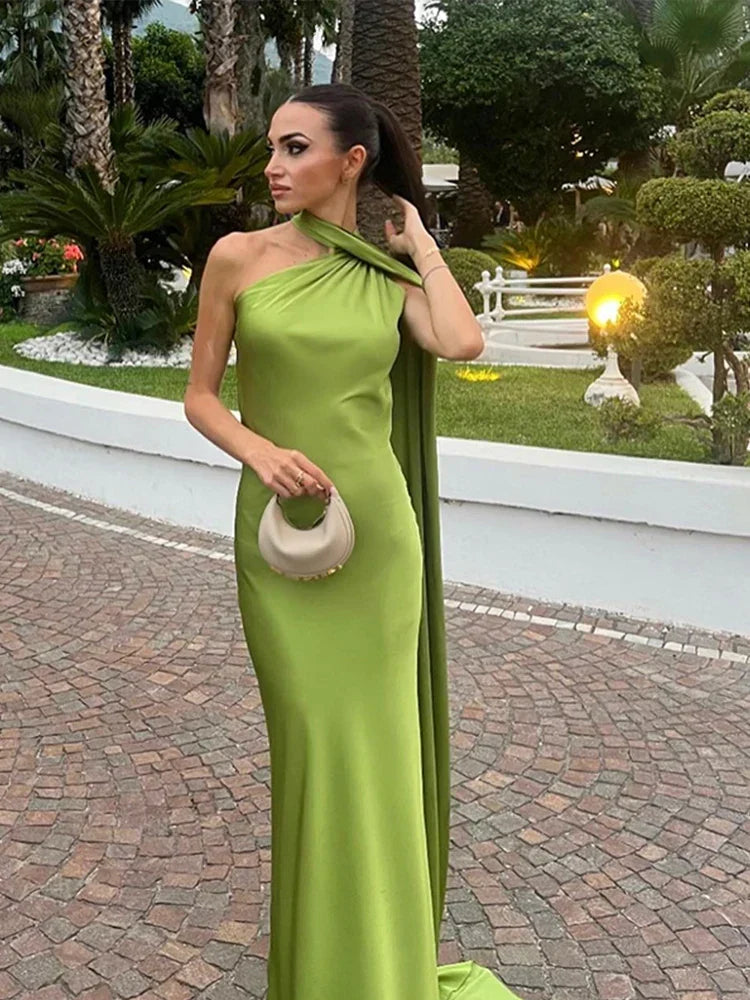 Satin Halter Neck Asymmetric Draped Sash Floor Length Gown - View 4
