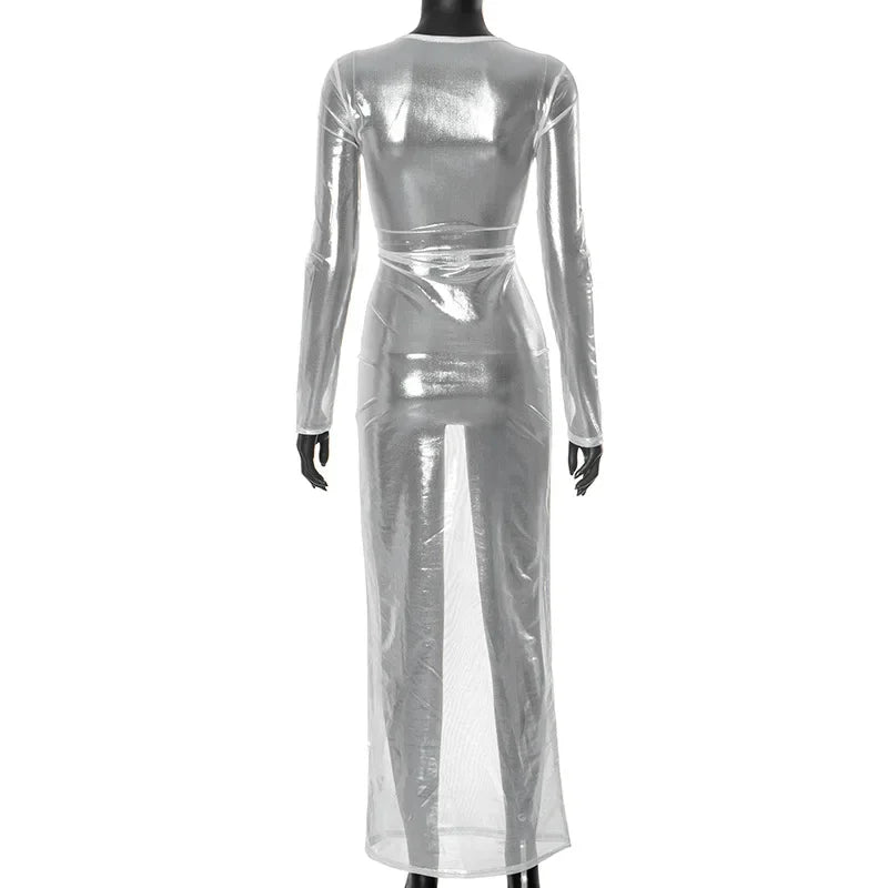 Mesh Long Sleeve Crew Neck Bodycon Maxi Dress - View 14