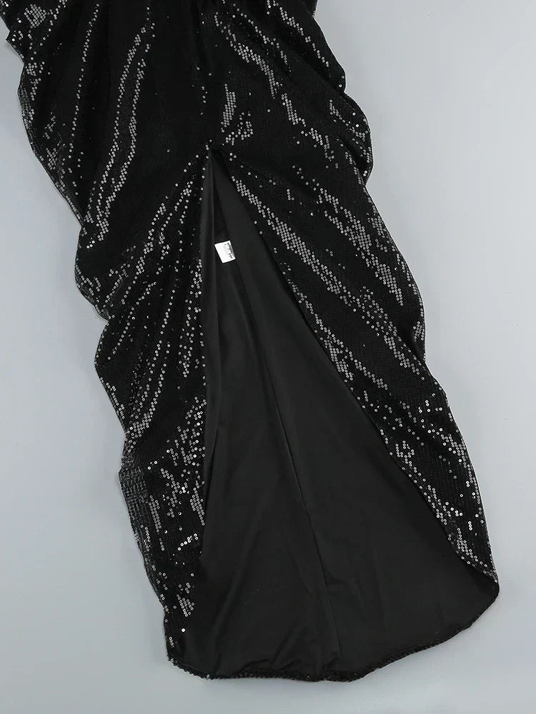Sequin Square Neck Cut Out Ruched High Split Midi Dress - View 9