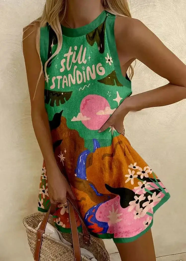 Graphic Print Sleeveless Crew Neck Mini Dress