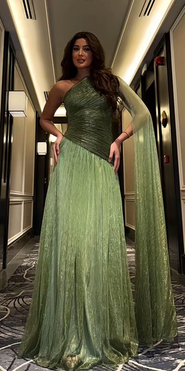 Shiny Green One Shoulder Tulle Pleated Long Wedding Guest Dress Formal Evening Dress D1446