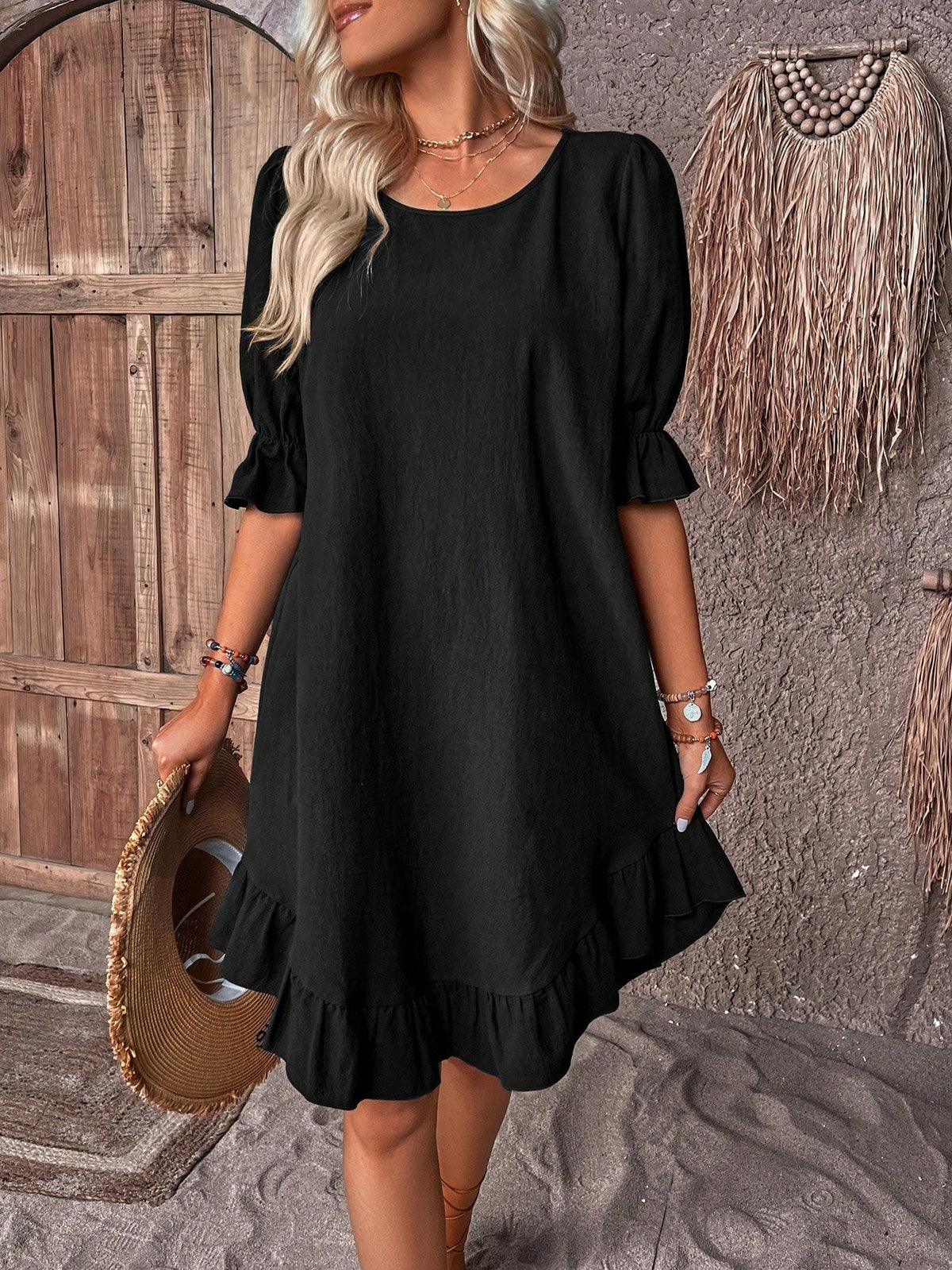 Puff Sleeve Scoop Neck Ruffle Hem Shift Mini Summer Dress - View 6