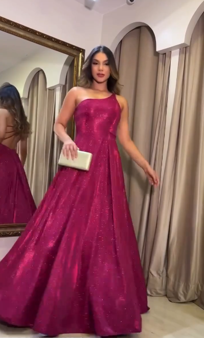 Sparkly One Shoulder Satin Sequin A Line Long Party Dress Hot Pink Evening Gown D1417