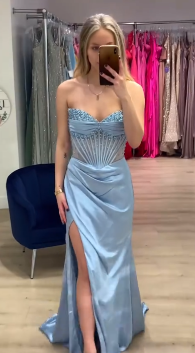 Classy Strapless Blue Satin Beaded Slit Mermaid Party Dress Long Prom Dress D913