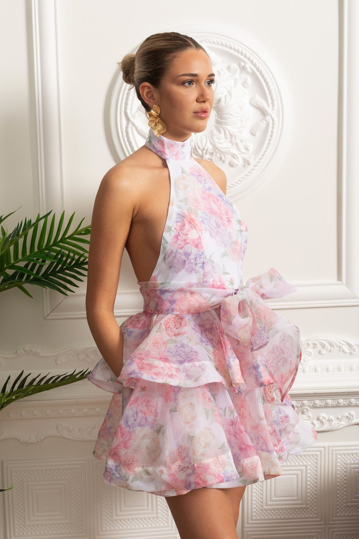 Floral Halterneck Ruffle Mini Dress - Pink - View 8