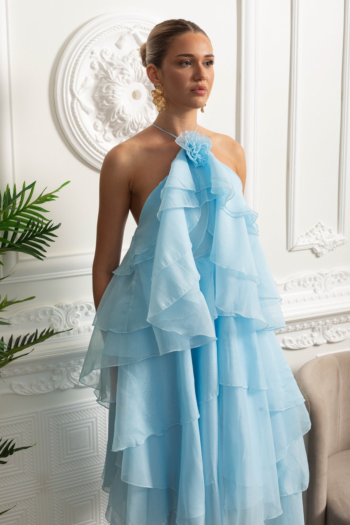 Halter Tiered Ruffle Maxi Dress - Sky Blue - View 4