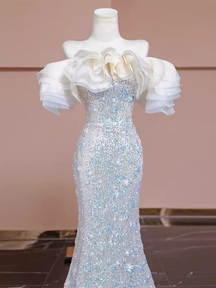 Pretty Mermaid Off The Shoulder Sequin Long Evening Party Dress Prom Dresses