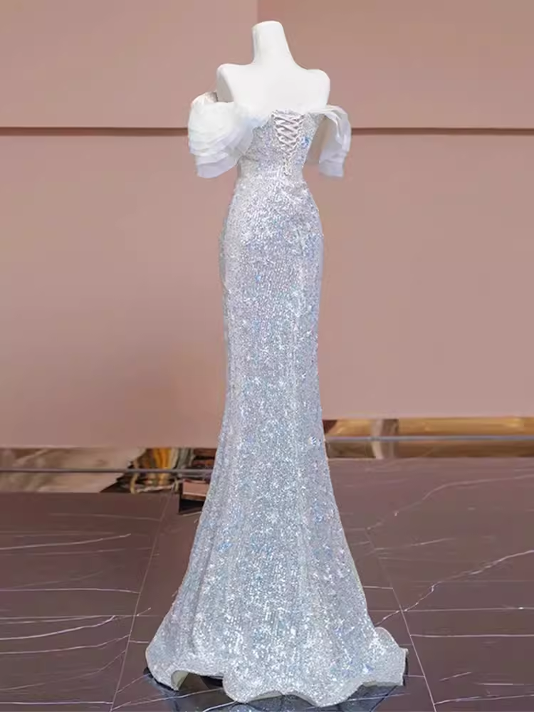 Pretty Mermaid Off The Shoulder Sequin Long Evening Party Dress Prom Dresses
