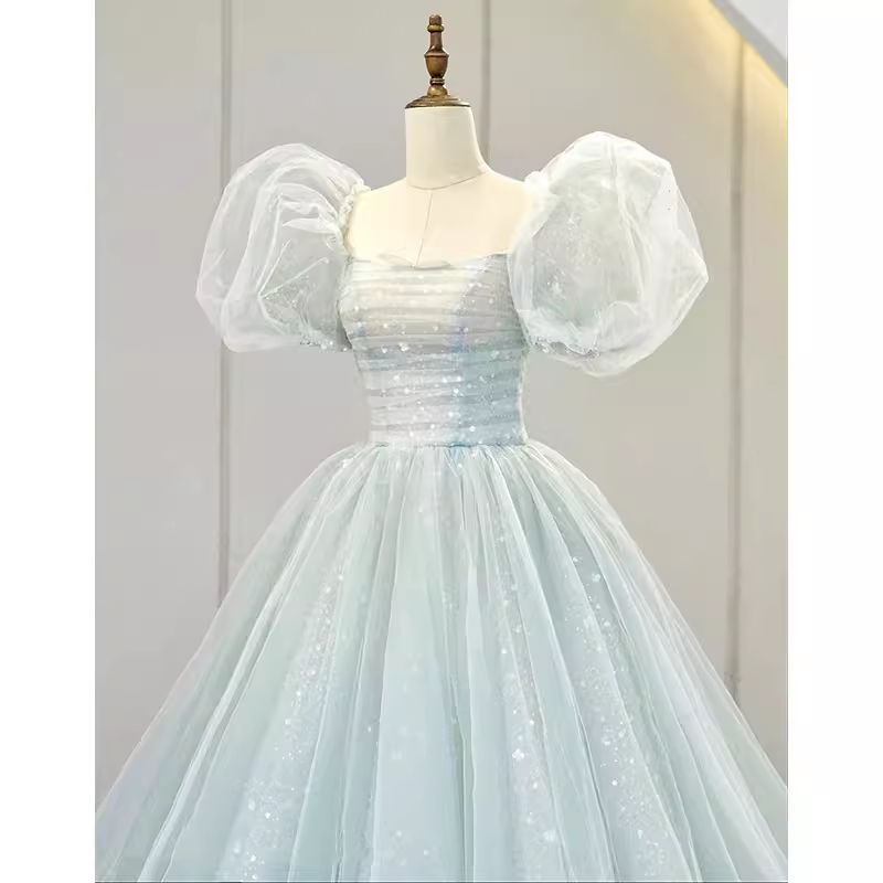 Pretty Ball Gown Square Neckline Short Sleeves Long Evening Party Dress Prom Dresses