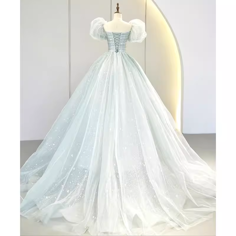 Pretty Ball Gown Square Neckline Short Sleeves Long Evening Party Dress Prom Dresses