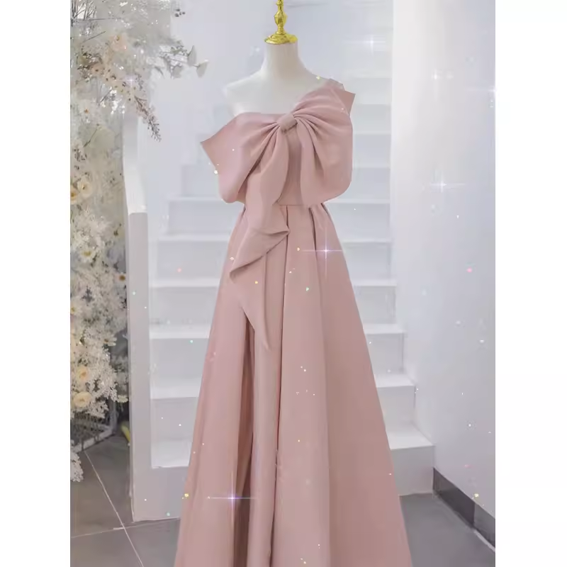 Pretty A line One Shoulder Pink Satin Long Evening Party Dress Prom Dresses With Bowknot