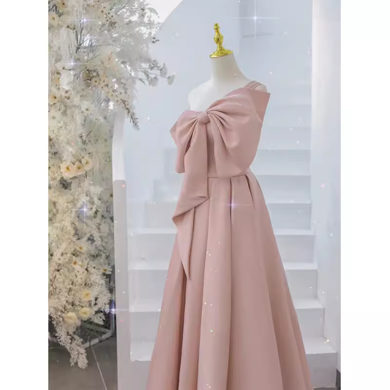 Pretty A line One Shoulder Pink Satin Long Evening Party Dress Prom Dresses With Bowknot