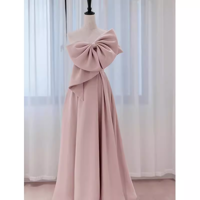 Pretty A line One Shoulder Pink Satin Long Evening Party Dress Prom Dresses With Bowknot