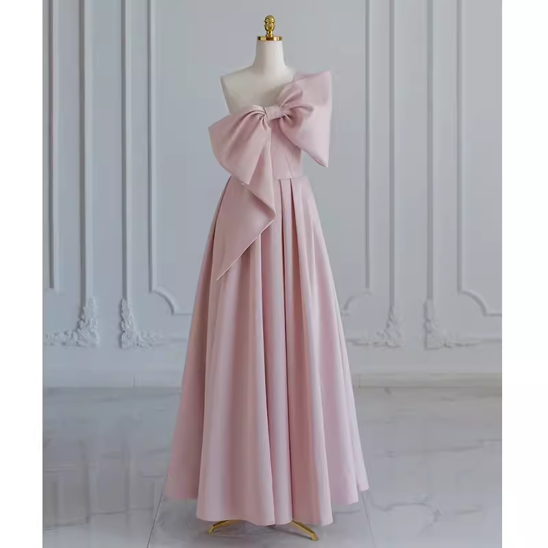 Pretty A line One Shoulder Pink Satin Long Evening Party Dress Prom Dresses With Bowknot