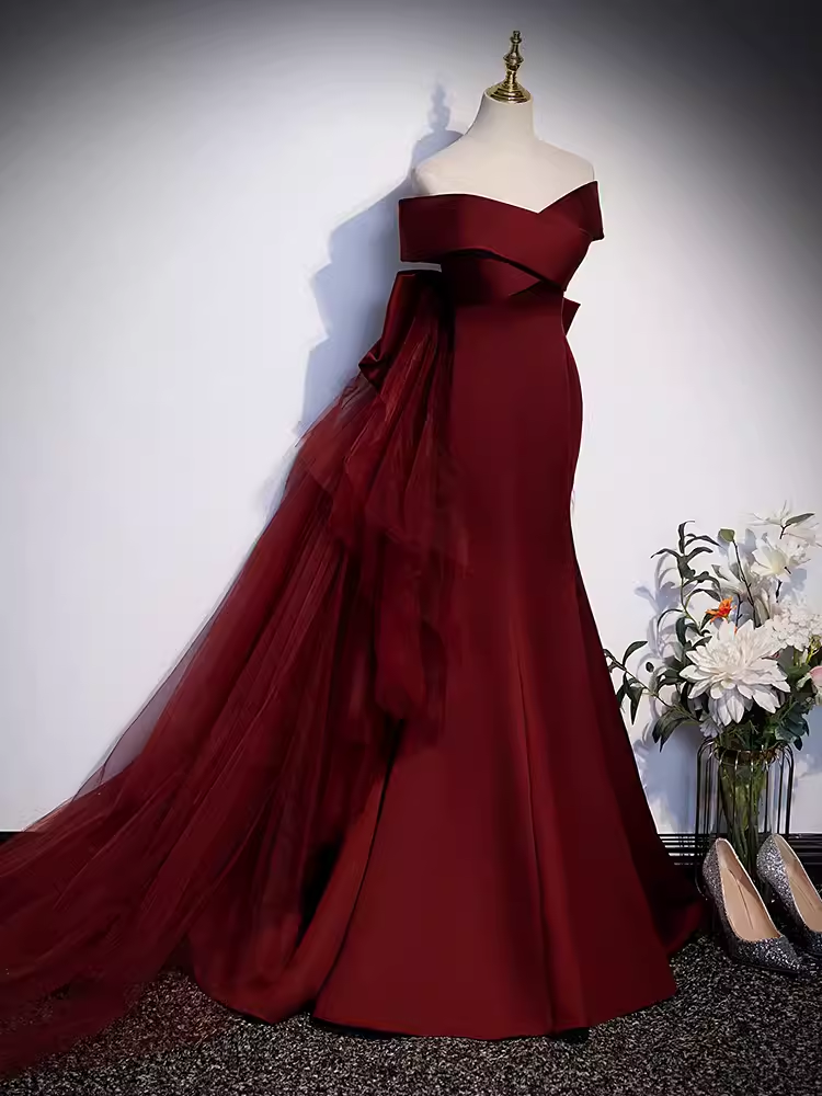 Pretty A line Off The Shoulder Burgundy Satin Long Evening Party Dress Prom Dresses With Bow