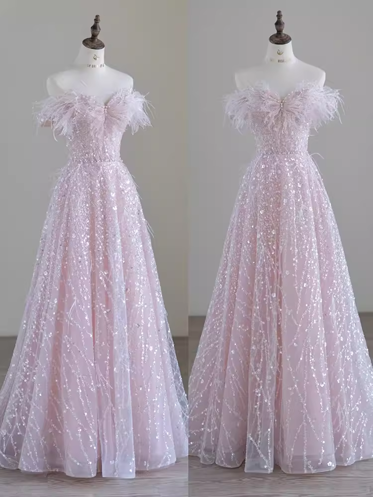 Pretty A line Off The Shoulder Pink Sequin Long Evening Party Dress Prom Dresses