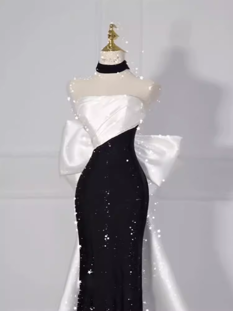 Vintage Mermaid Strapless Sequin Black Long Prom Dress Formal Dresses