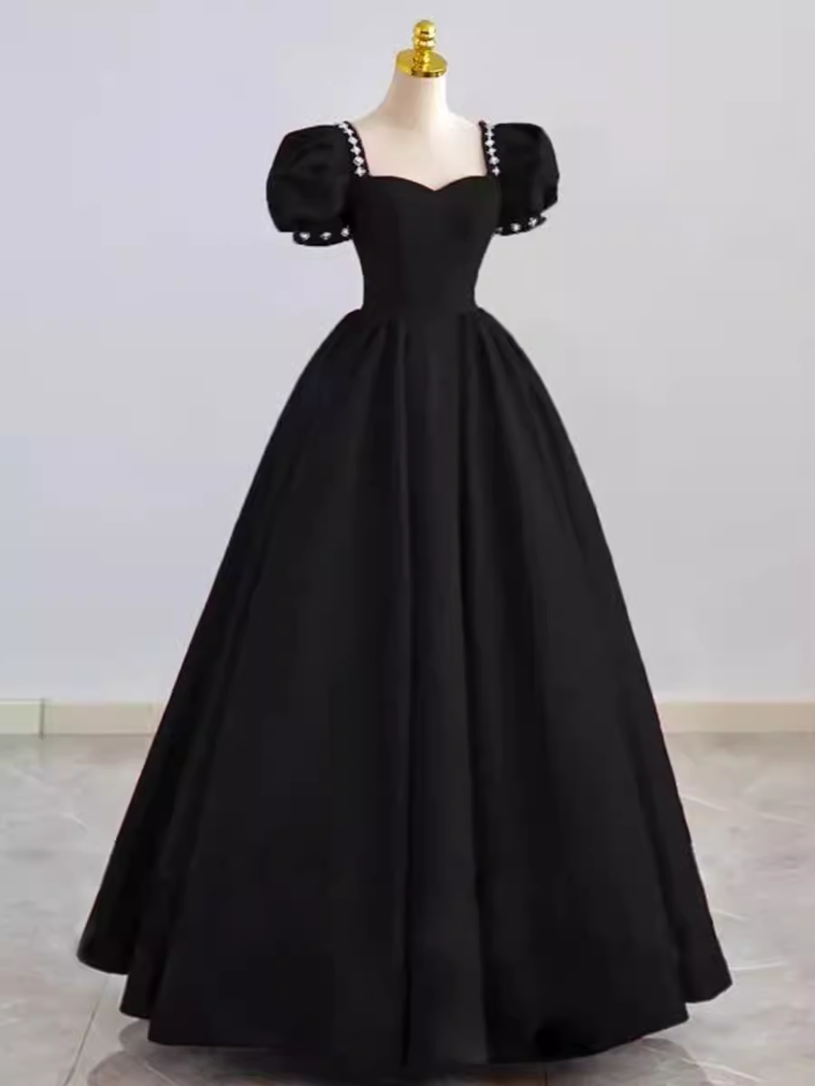 Vintage Ball Gown Sweetheart Satin Black Long Prom Dress Formal Dresses
