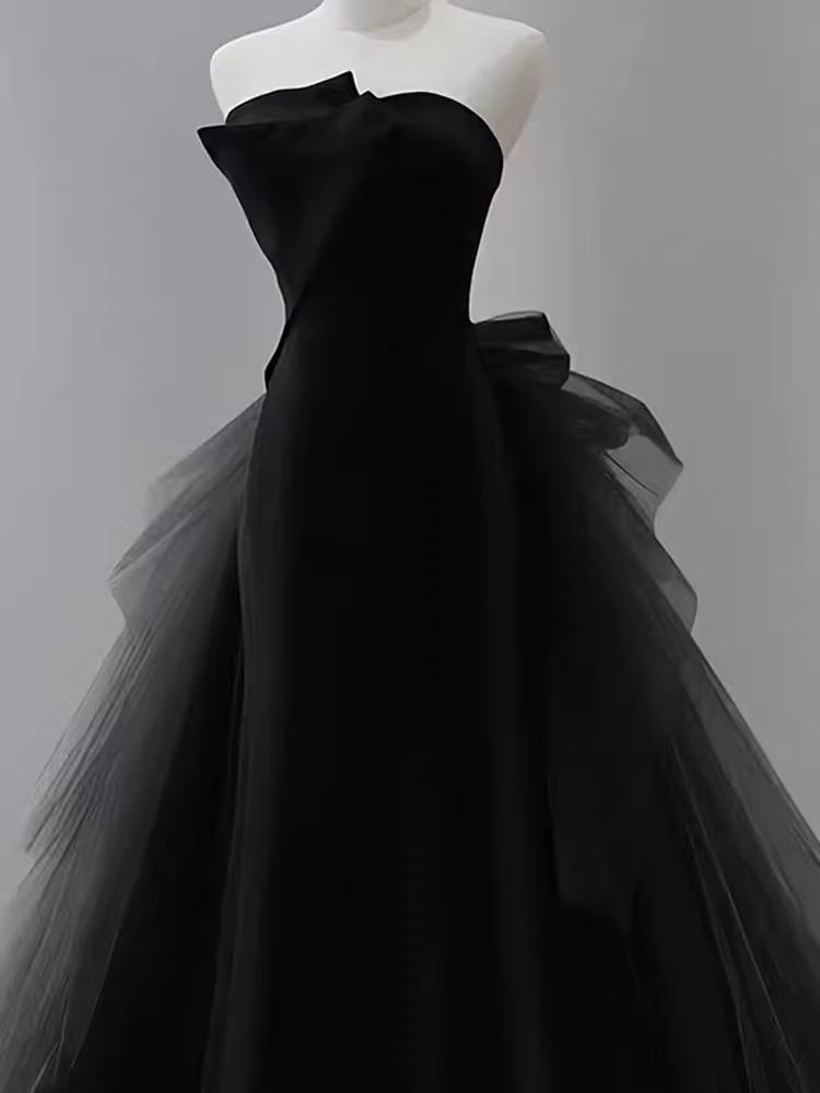 Vintage Sheath Strapless Satin Black Tulle Long Prom Dress Formal Dresses