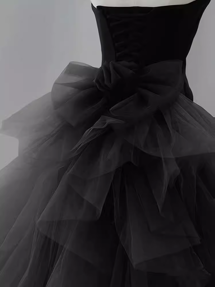 Vintage Sheath Strapless Satin Black Tulle Long Prom Dress Formal Dresses