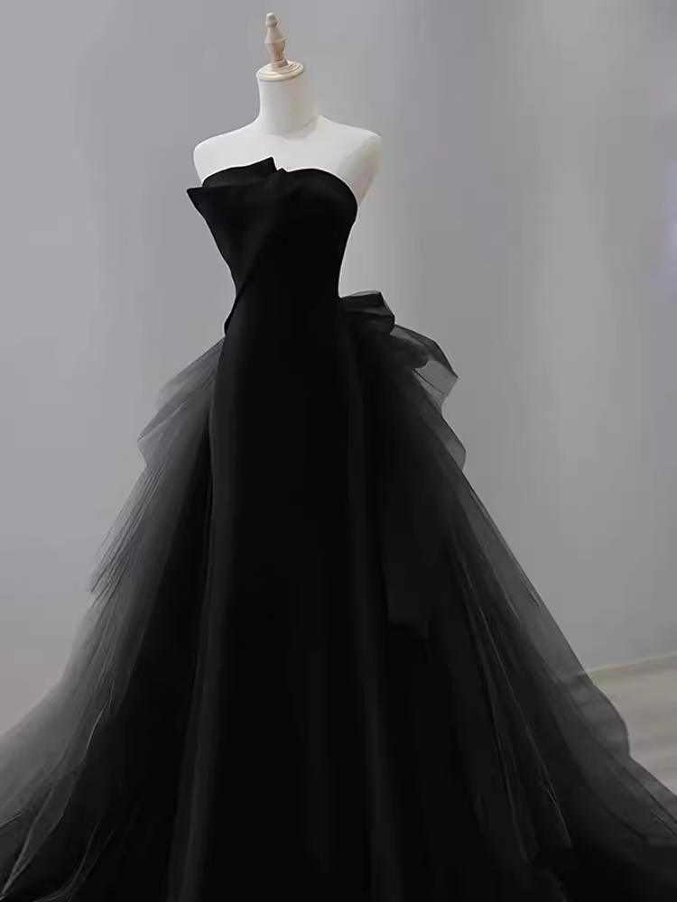 Vintage Sheath Strapless Satin Black Tulle Long Prom Dress Formal Dresses