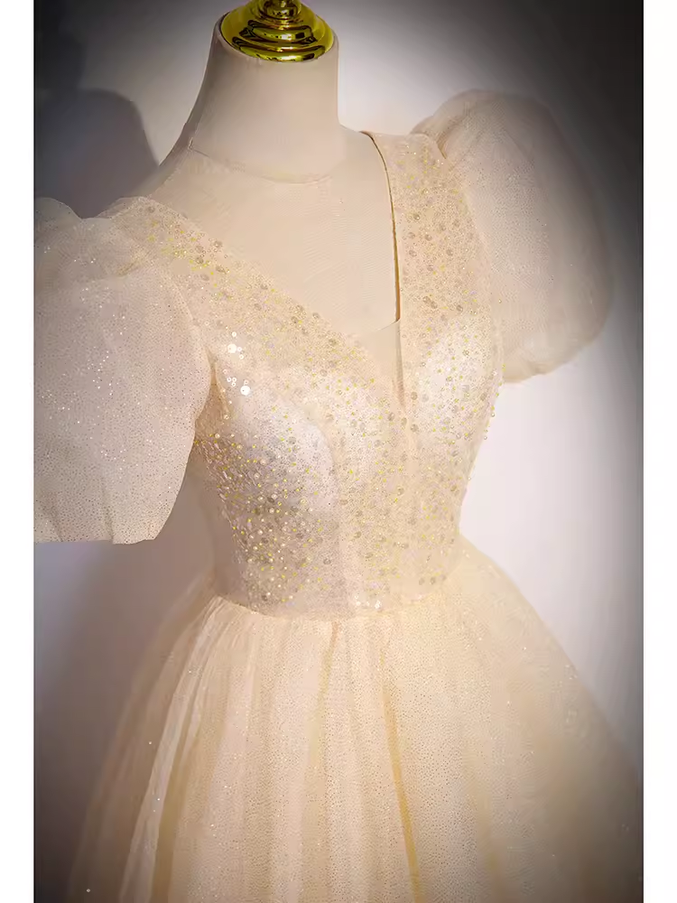 Pretty A line V Neckline Short Sleeves Long Evening Party Dress Prom Dresses