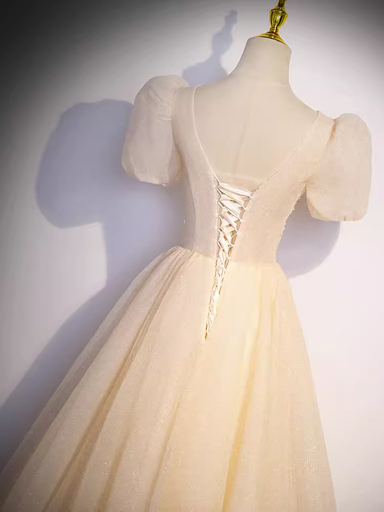 Pretty A line V Neckline Short Sleeves Long Evening Party Dress Prom Dresses