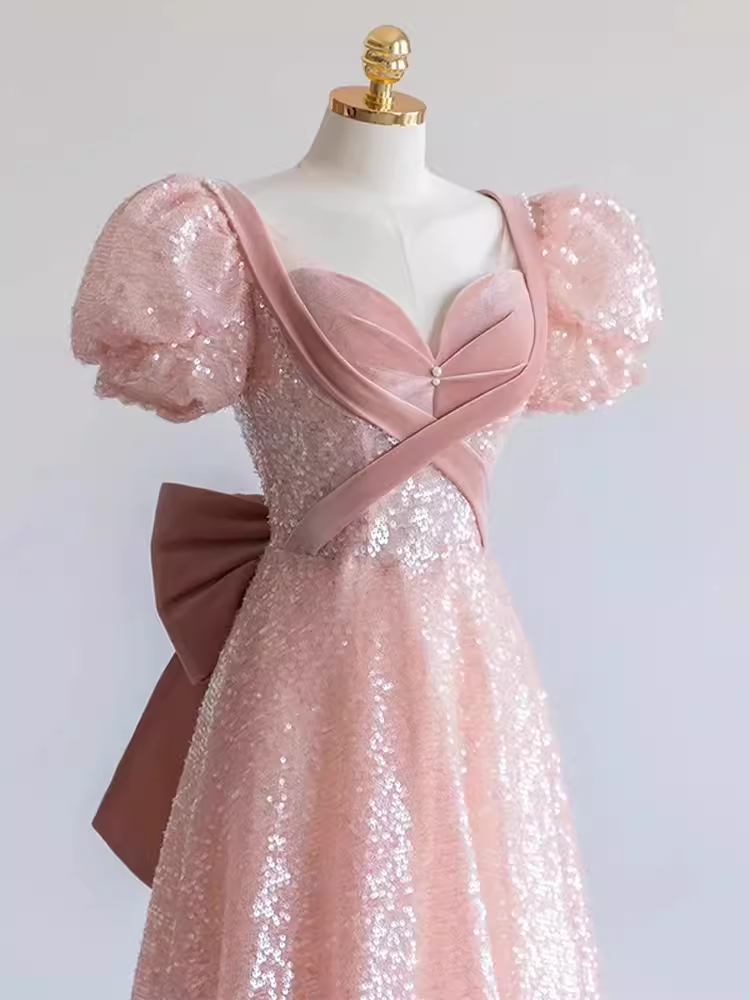 Pretty A line Sweetheart Short Sleeves Long Evening Party Dress Pink Prom Dresses