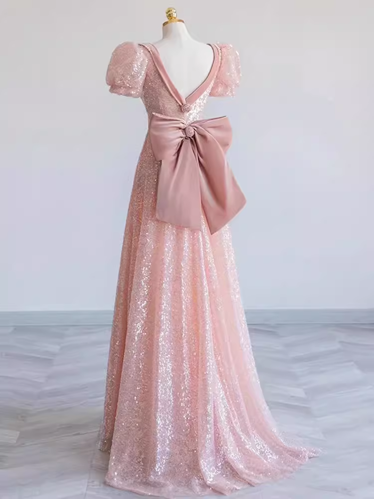 Pretty A line Sweetheart Short Sleeves Long Evening Party Dress Pink Prom Dresses