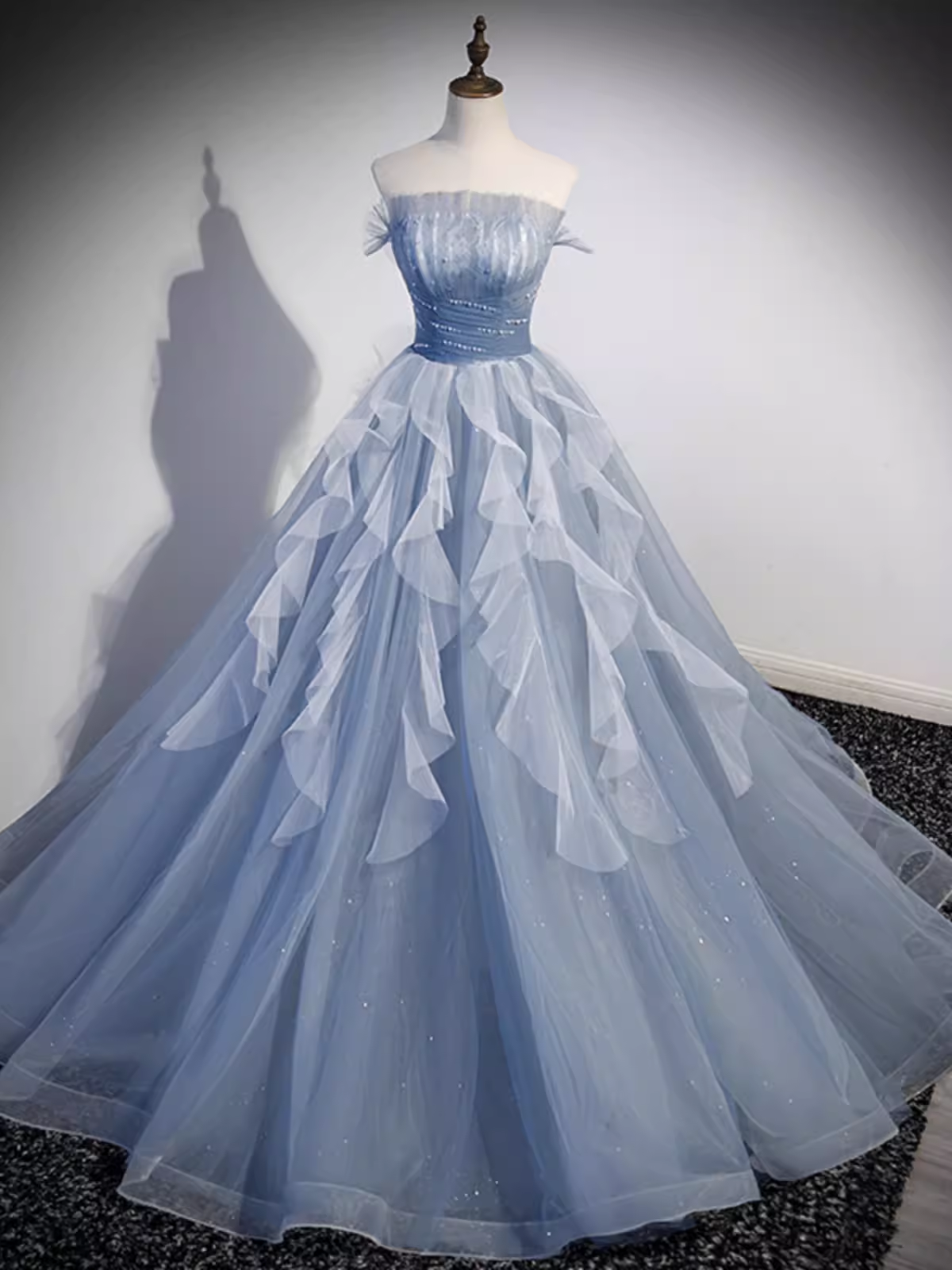 Vintage Ball Gown Strapless Satin Dusty Blue Tulle Long Prom Dress Formal Dresses