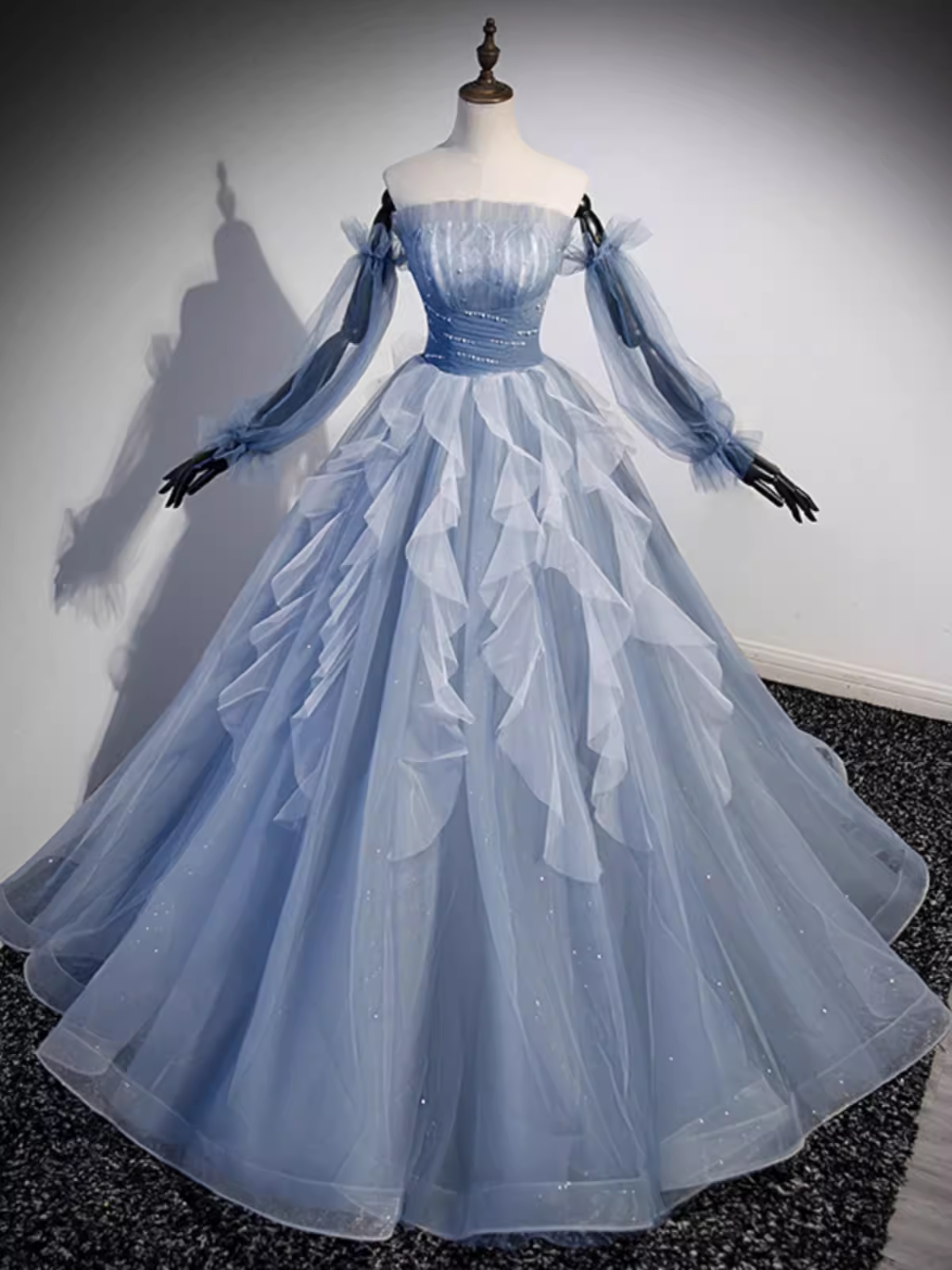 Vintage Ball Gown Strapless Satin Dusty Blue Tulle Long Prom Dress Formal Dresses