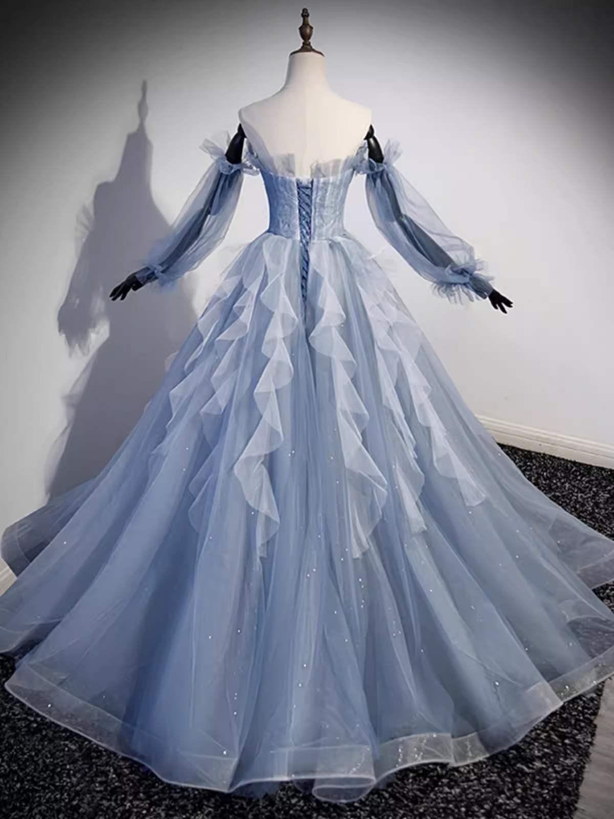 Vintage Ball Gown Strapless Satin Dusty Blue Tulle Long Prom Dress Formal Dresses