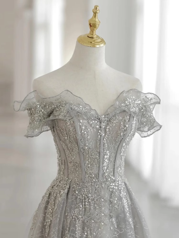 Pretty A line Off The Shoulder Sequin Long Evening Party Dress Prom Dresses