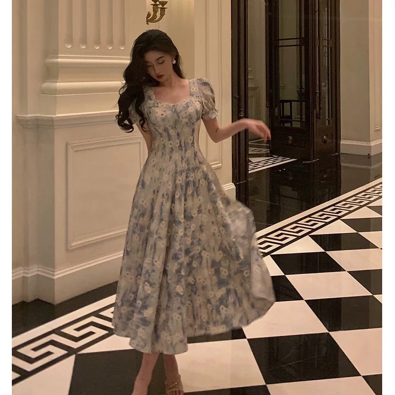 Classy A line Square neckline Blue Chiffon Long Prom Dresses Birthday Outfits Evening Gown SD1013