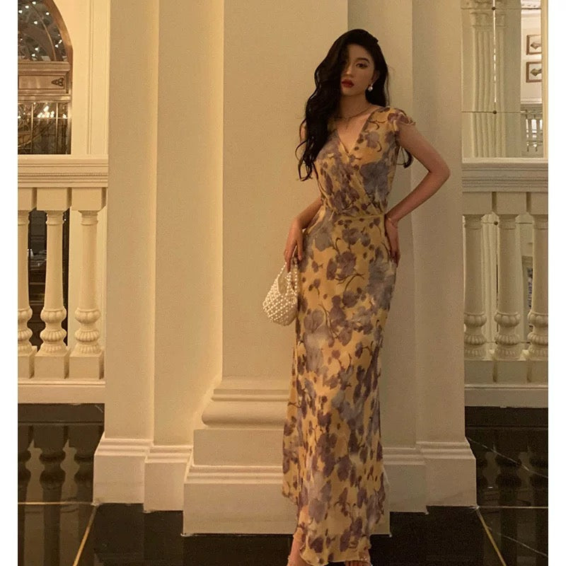 Sexy French Sheath V Neckline Floral Long Prom Dresses Birthday Outfits Evening Gown SD1031