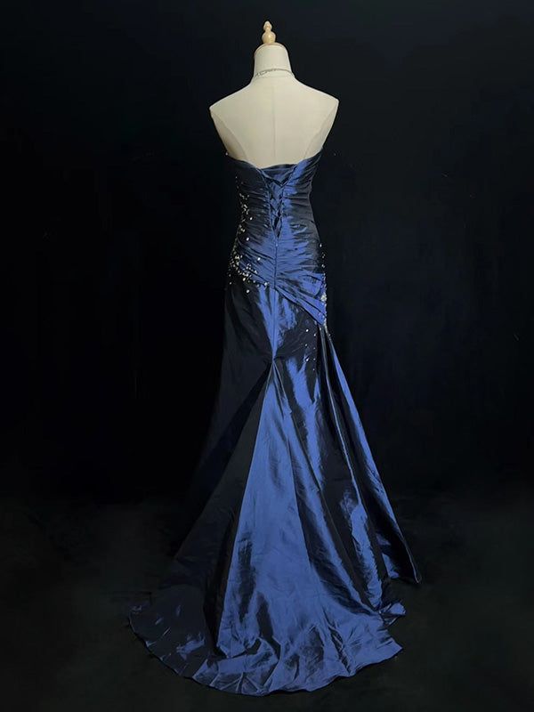 Sexy Sweetheart Sleeveless Mermaid Satin Long Navy Blue Prom Dresses SD1291