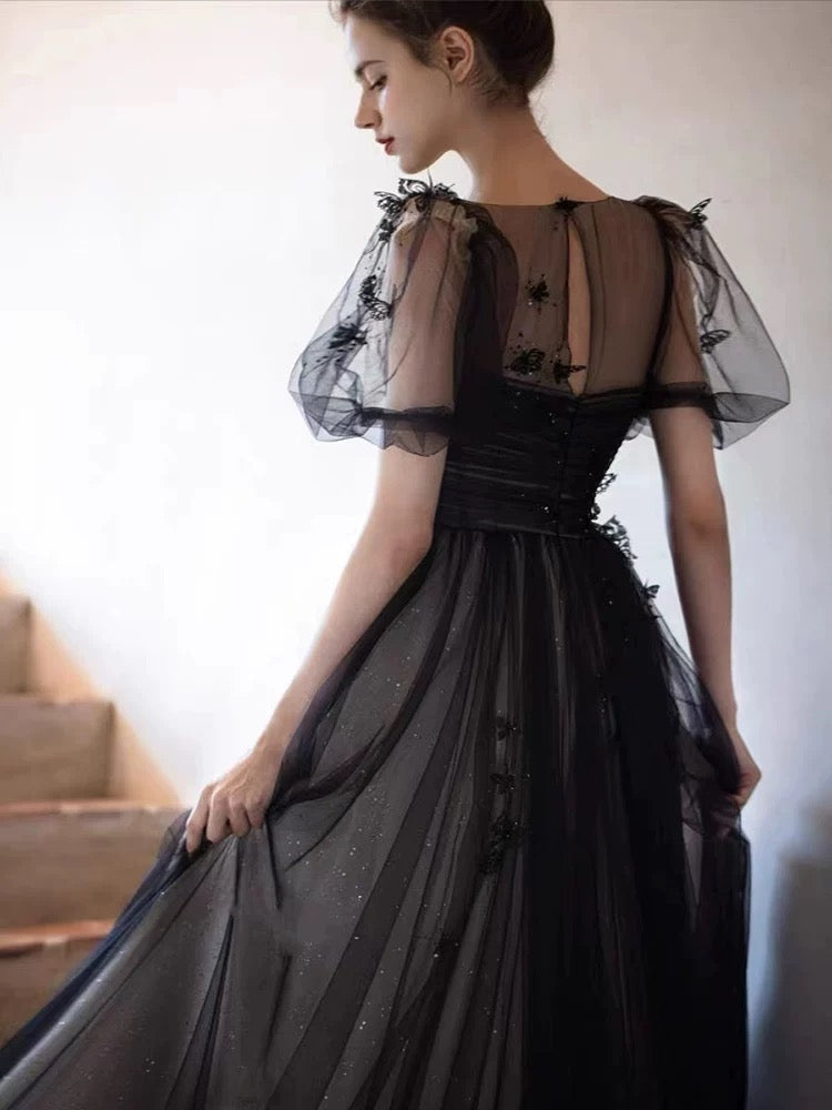 A-Line Puff Sleeves Tulle Long Prom Dress Black Formal Evening Dress SD1303