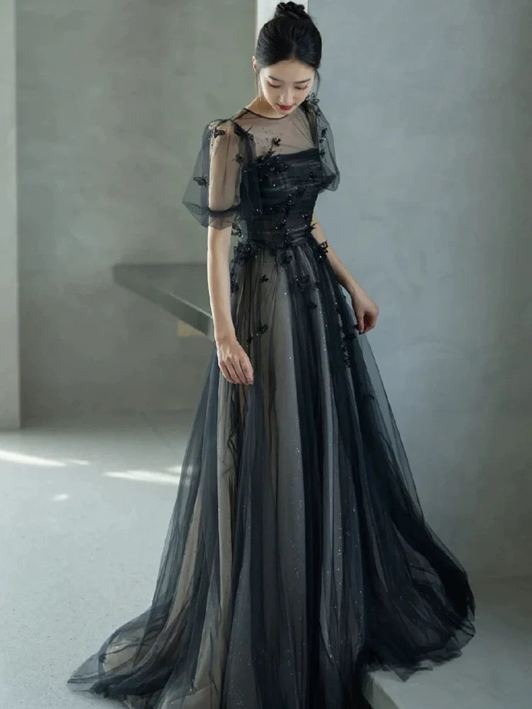 A-Line Puff Sleeves Tulle Long Prom Dress Black Formal Evening Dress SD1303