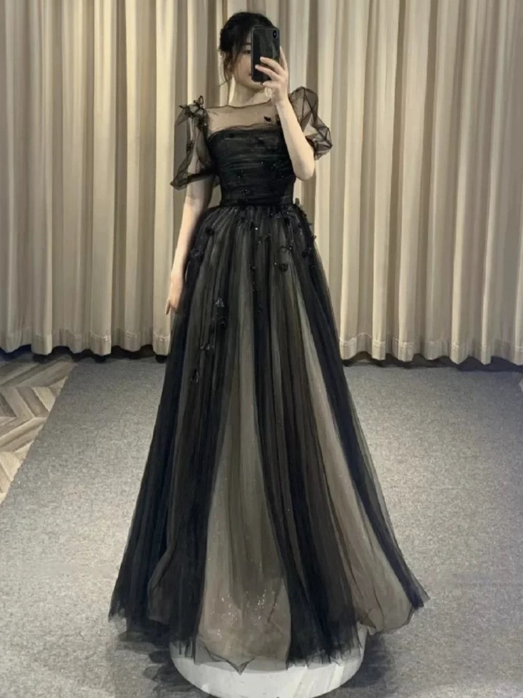A-Line Puff Sleeves Tulle Long Prom Dress Black Formal Evening Dress SD1303
