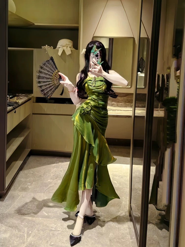 Retro Mermaid Spaghetti Straps Satin Long Party Dress Green Prom Dresses SD2408