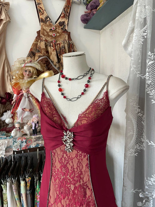 Sexy Mermaid Spaghetti Straps Red Lace Prom Dresses Long Party Dress SD1308