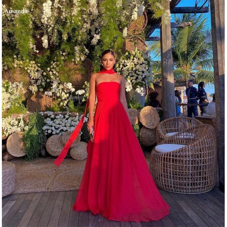 Pretty A Line Strapless Red Chiffon Long Prom Dresses Formal Evening Dress SD1405